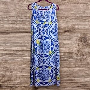 Idillio sleeveless blue and white floral lemon sleeveless maxi dress. Large.